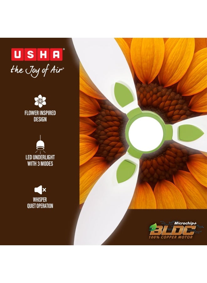 أوشا USHA New Bloom Series Sunspire Glow (Inspired by Sunflower) BLDC Ceiling Fan with Underlight with 3 Modes | RF Remote | Whisper-Quiet | Dust-Resistant (White & Saffron Yellow) - Image 4
